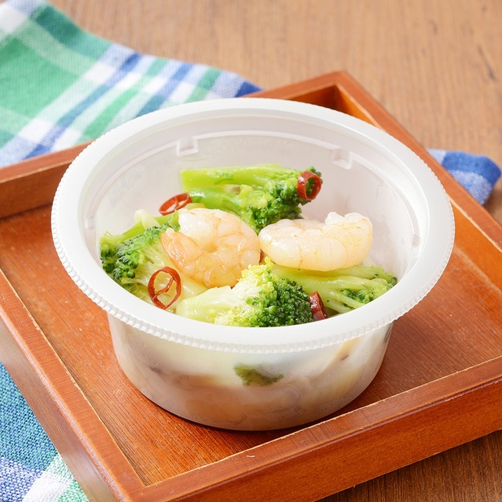 温めて食べる 海老ときのこのペペロンチーノ風